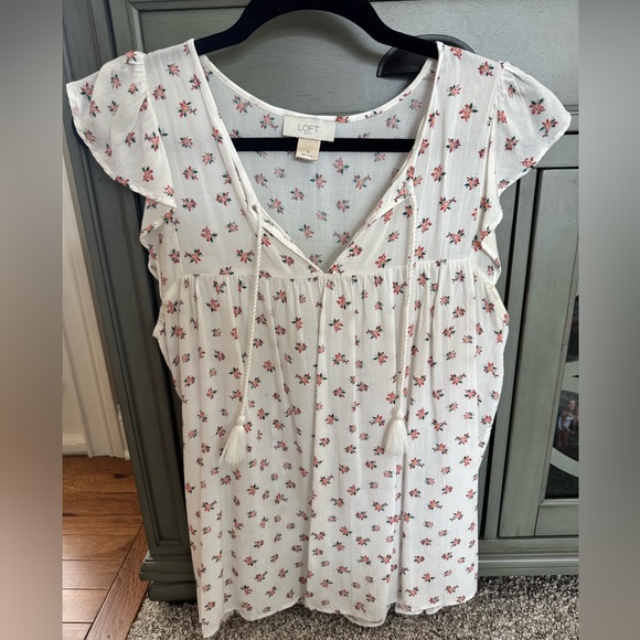 LOFT Tops - LOFT Cream Floral Blouse with Tassels